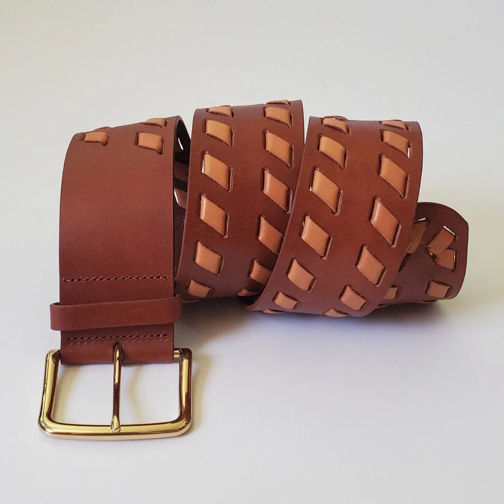 Chicos Wide Woven Leather Hip Belt Medium‎ Brown Tan Adjustable Boho Western